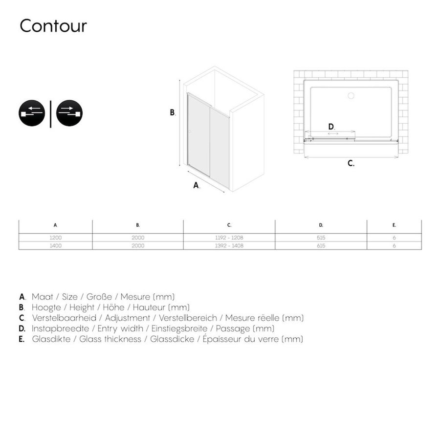 Sealskin Get Wet Contour Schuifdeur voor Nis 120x200 cm 6mm Helderglas RVS