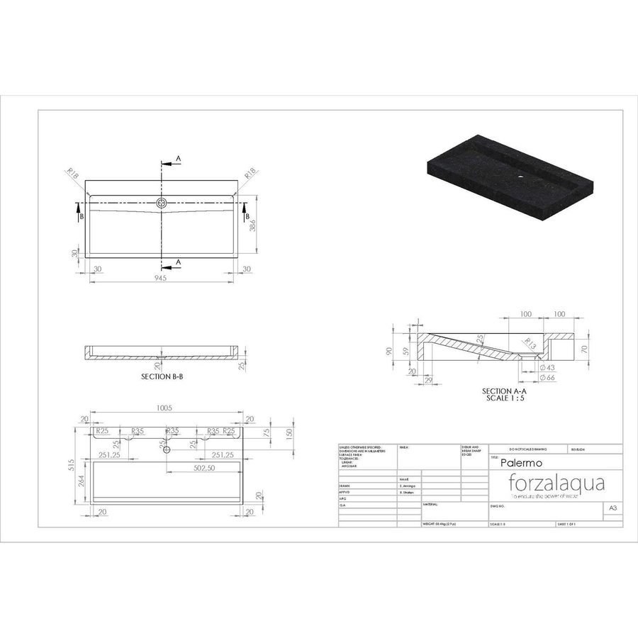 Wastafel Forzalaqua Palermo Graniet Gezoet Gekapt Zonder Kraangat Zwart 100,5x51,5x9 cm