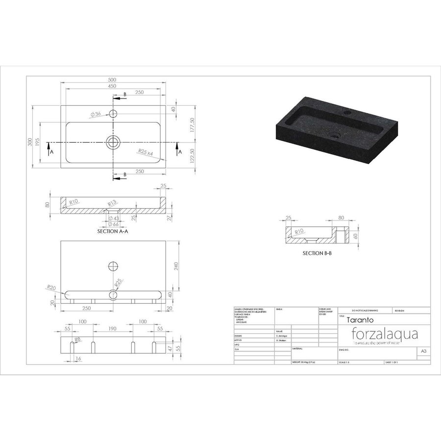 Wastafel Forzalaqua Taranto Graniet Gezoet Met Kraangat Zwart 50x30x8 cm