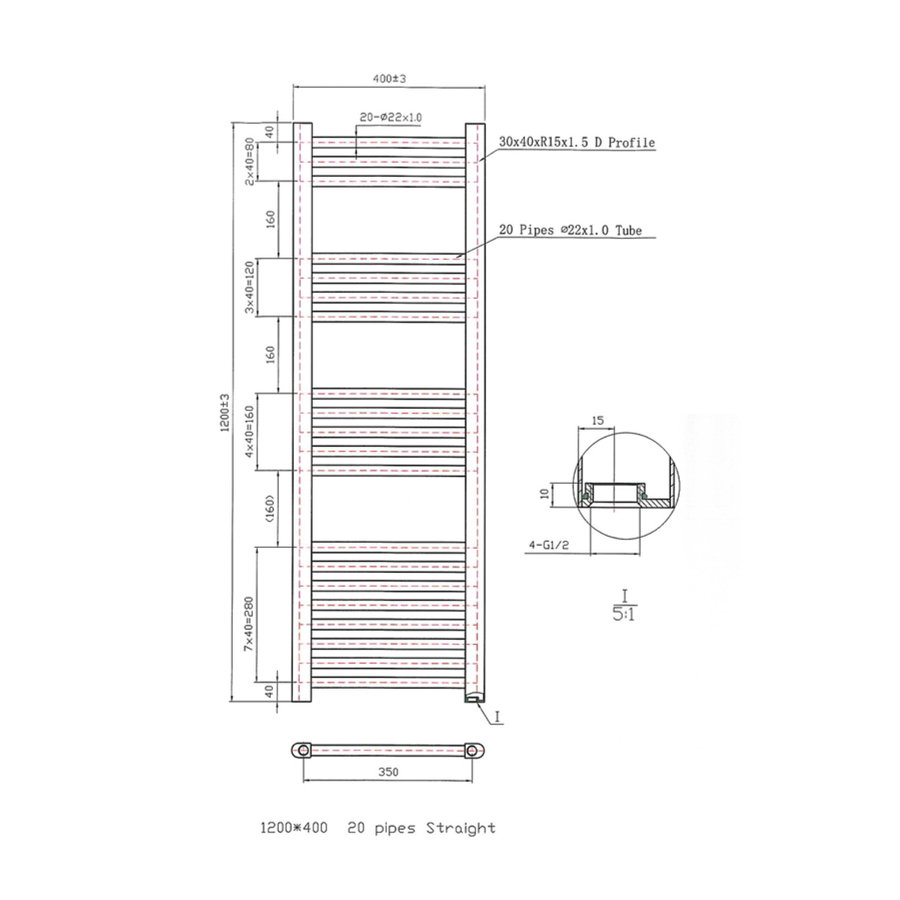 Designradiator Boss & Wessing Vertico Multirail 120x40 cm Wit Zij-Onderaansluiting