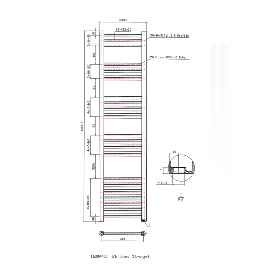 Designradiator Boss & Wessing Vertico Multirail 160x40 cm Chroom Zij-Onderaansluiting