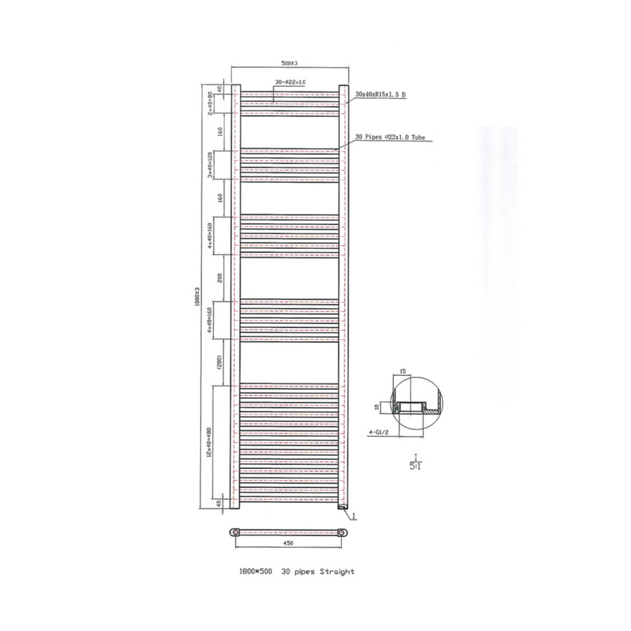 Designradiator Boss & Wessing Vertico Multirail 180x50 cm Chroom Zij-Onderaansluiting