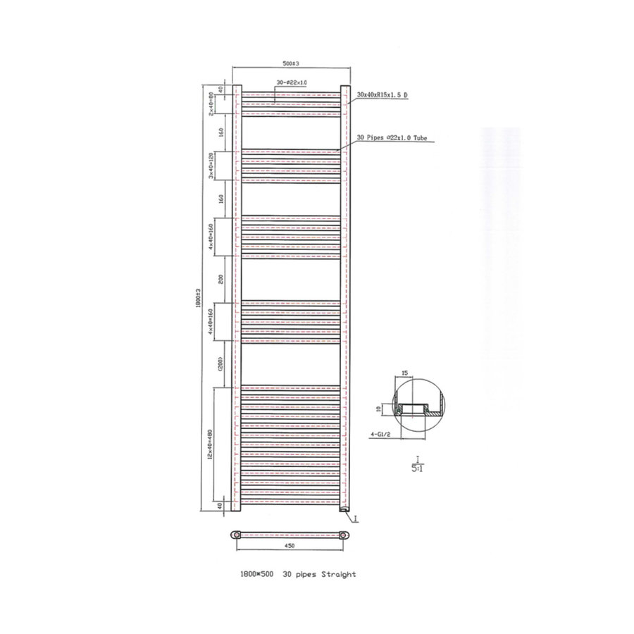 Designradiator Boss & Wessing Vertico Multirail 180x50 cm Wit Zij-Onderaansluiting