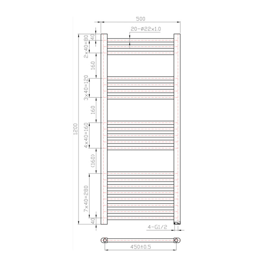 Designradiator Boss & Wessing Vertico Multirail 120x50 cm Antraciet Zij-Onderaansluiting