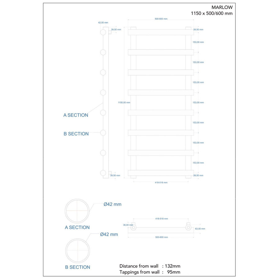 Designradiator Boss & Wessing Tubi Handdoekrek 115x60 cm Zij-Onderaansluiting Mat Wit