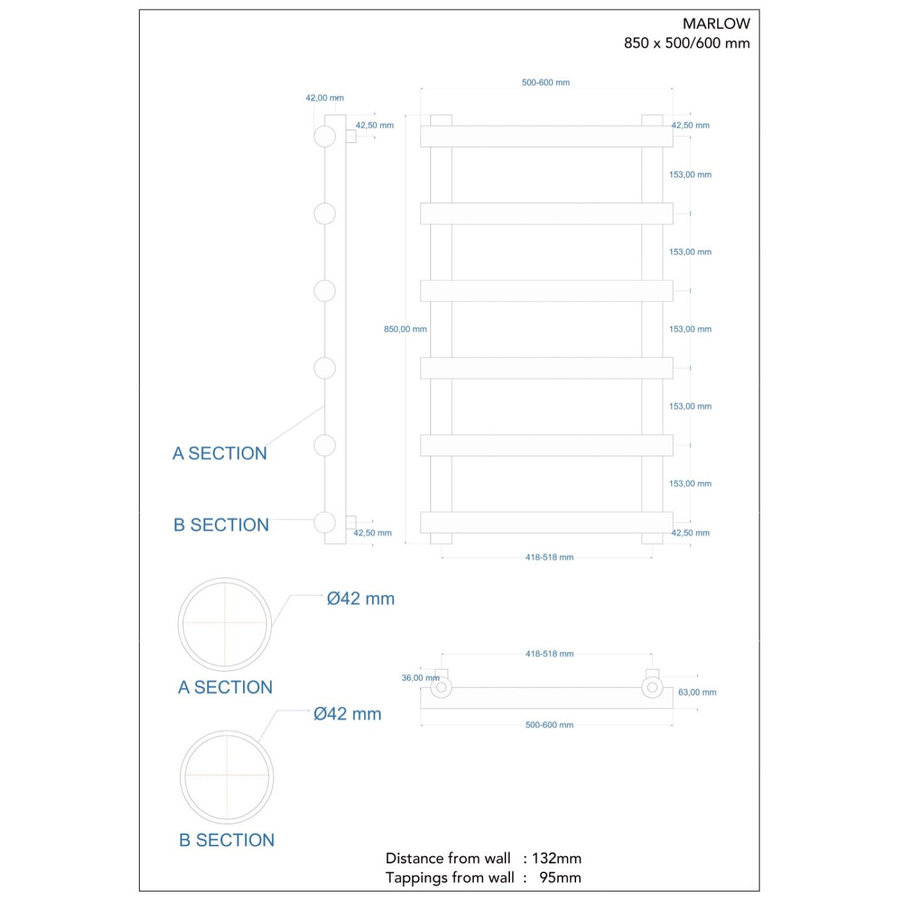 Designradiator Boss & Wessing Tubi Handdoekrek 85x50 cm Zij-Onderaansluiting Mat Antraciet