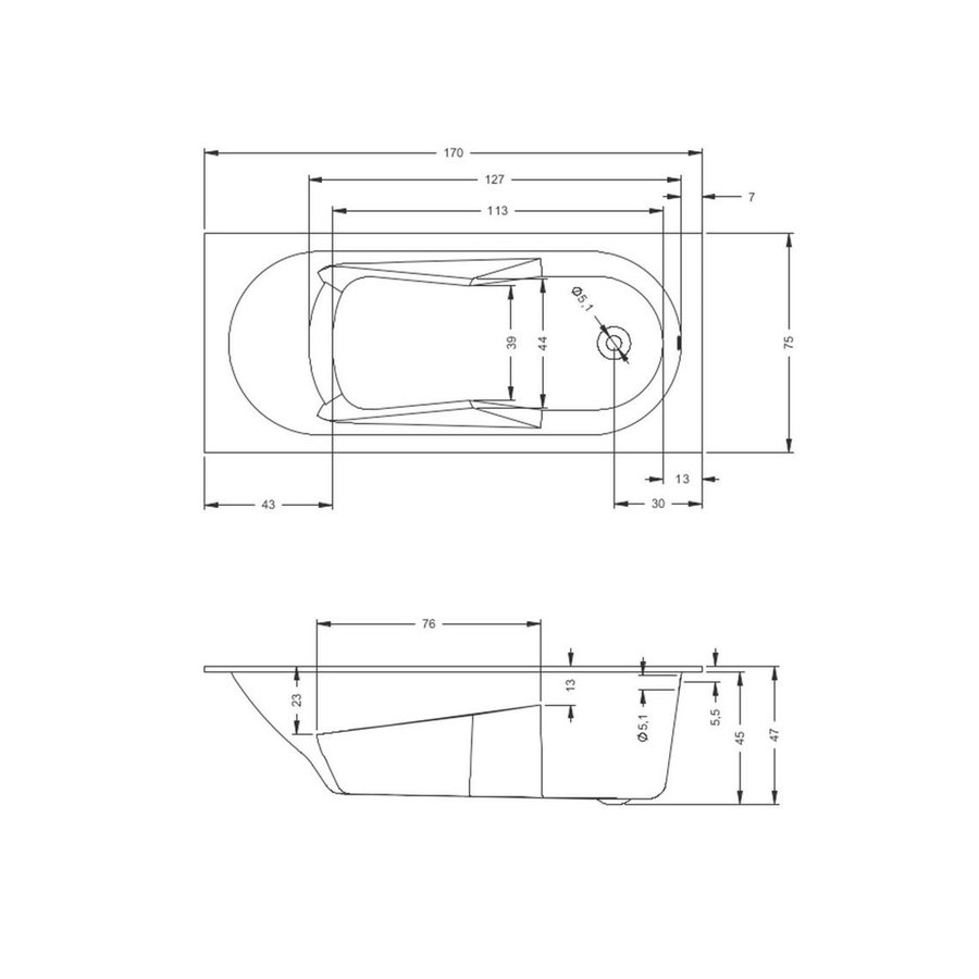 Ligbad Riho Lazy 170x75 cm Bedieningsknop Midden Wit Glanzend