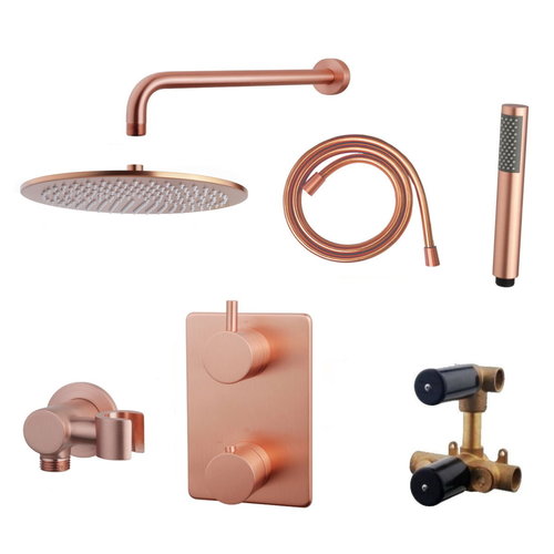 Thermostatisch Inbouwdoucheset Aqua Splash Muuruitloop Rond 30 cm Geborsteld Koper  Thermostatisch Inbouwdoucheset Aqua Splash Muuruitloop Rond 30 cm Geborsteld Koper