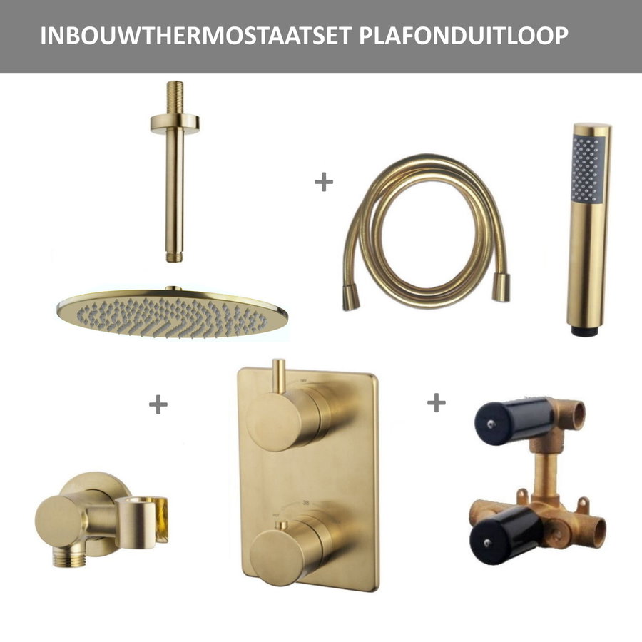 Thermostatisch Inbouwdoucheset Aqua Splash Plafonduitloop Rond 30 cm Geborsteld Messing Goud