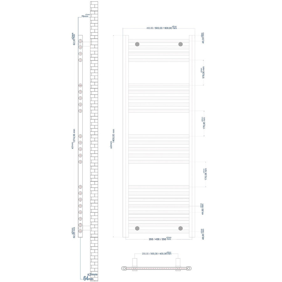 Radiator Boss & Wessing Wingrave 140x40 cm Mat Zwart Zij-Onderaansluiting (571 Watt)