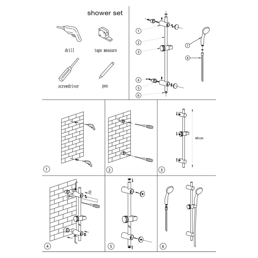 Glijstangset Differnz 60 cm Met Handdouche en Doucheslang Chroom