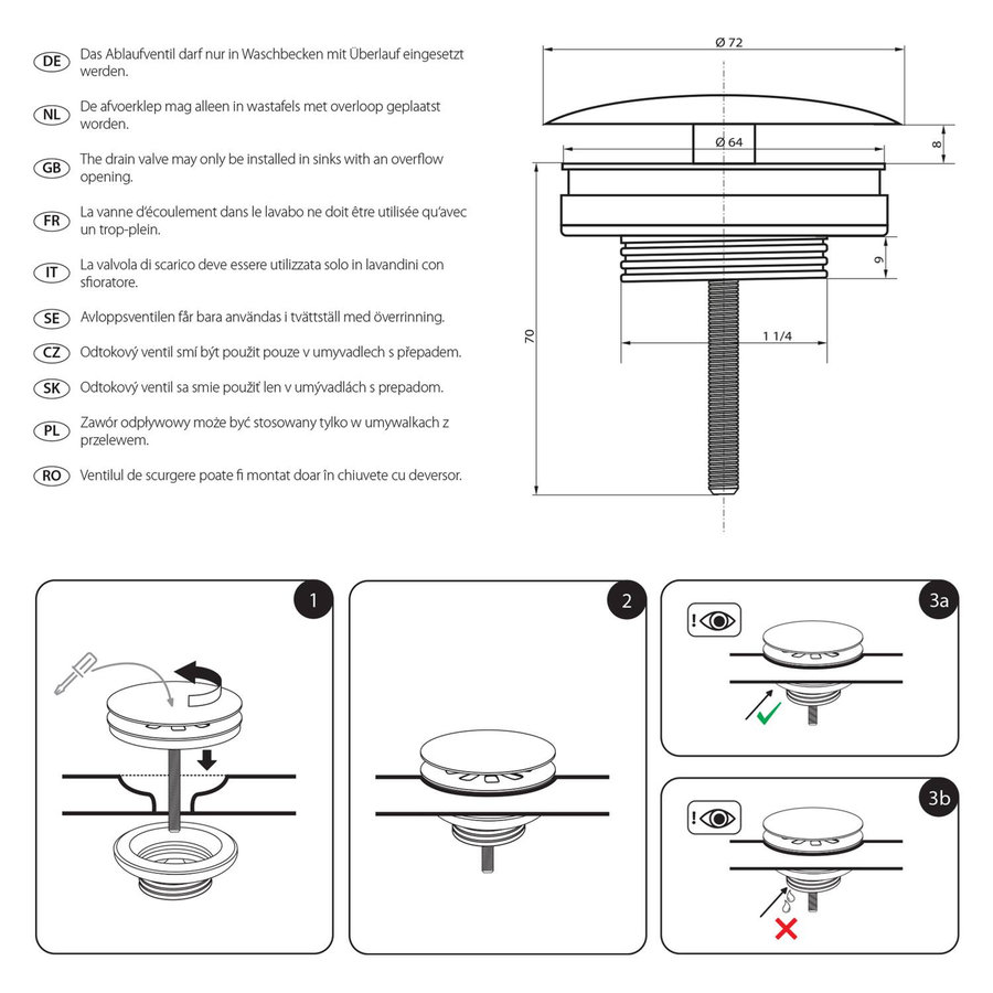 Wastafel Afvoerplug Differnz Always Open 7 cm Mat Wit