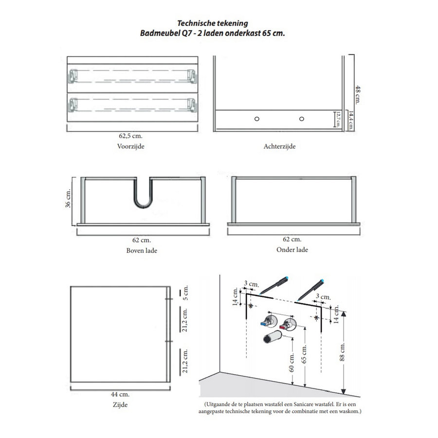 Onderkast Sanicare Q7 Twee Soft-Closing Laden 65x45 cm Belluno-Eiken