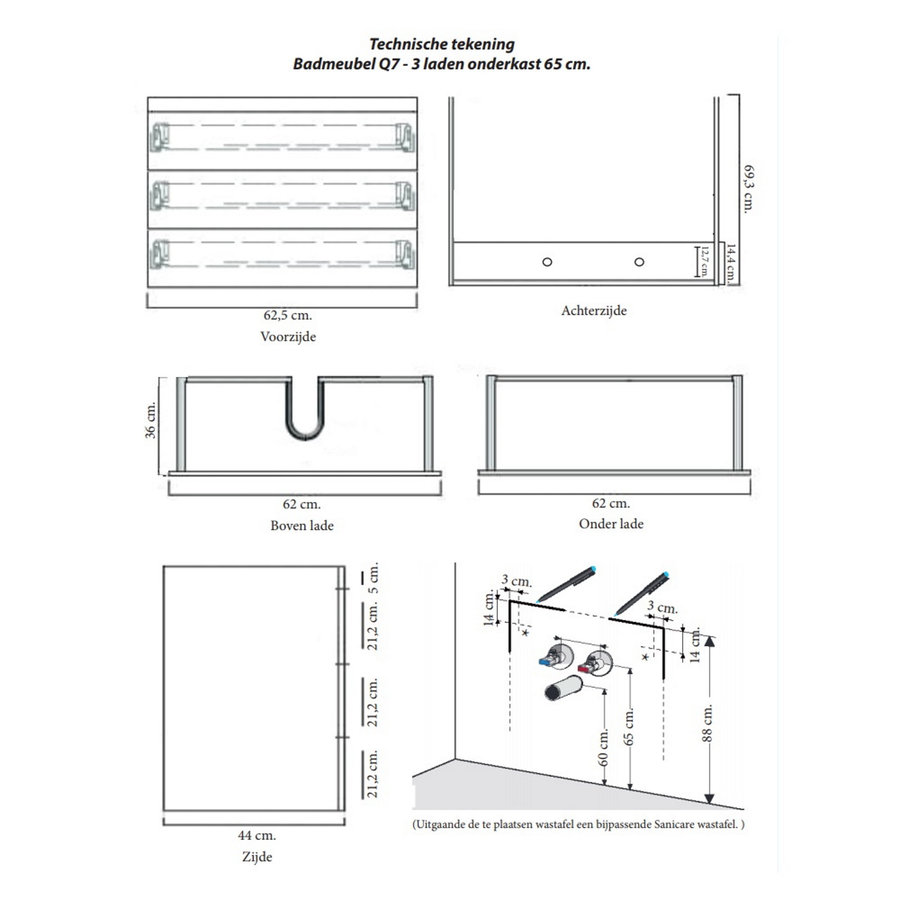 Onderkast Sanicare Q7 Drie Soft-Closing Laden 65x45 cm Belluno-Eiken