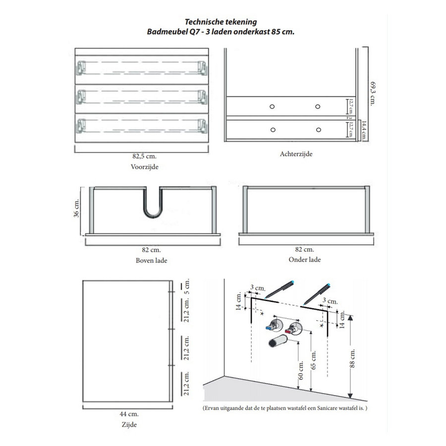 Onderkast Sanicare Q7 Drie Soft-Close Laden Greeploos 85x45 cm Belluno-Eiken