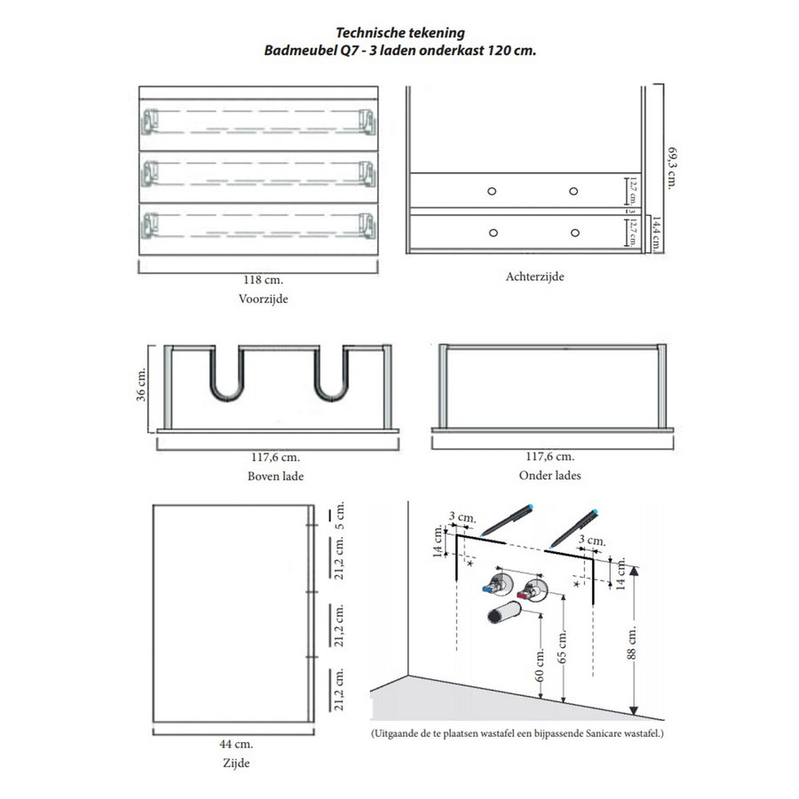 Onderkast Sanicare Q7 Drie Soft-Close Laden Greeploos 121x46 cm Belluno-Eiken