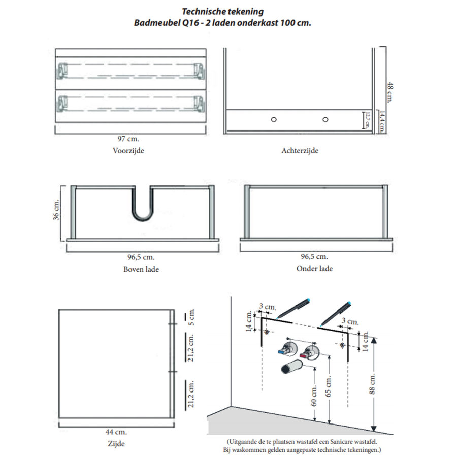 Onderkast Sanicare Q16 97,9x44,4 cm Twee Lades Belluno-Eiken