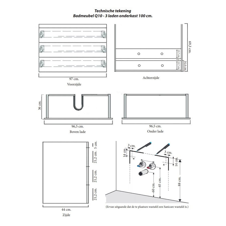 Onderkast Sanicare Q9/Q10 Drie Laden Chromen Greep Soft-Close 100x46 cm Belluno-Eiken