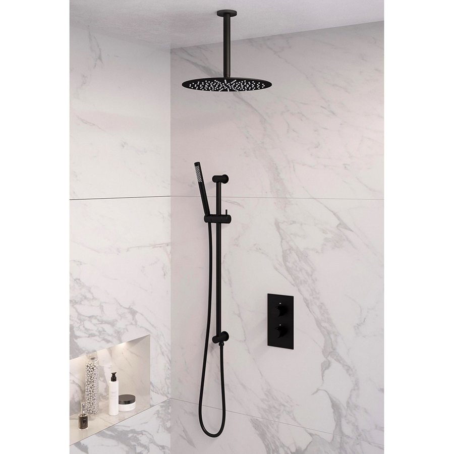 Inbouw Regendouche Set Brauer Black Edition Plafond Uitloop Ronde Hoofddouche 30 cm Met Glijstang Mat Zwart