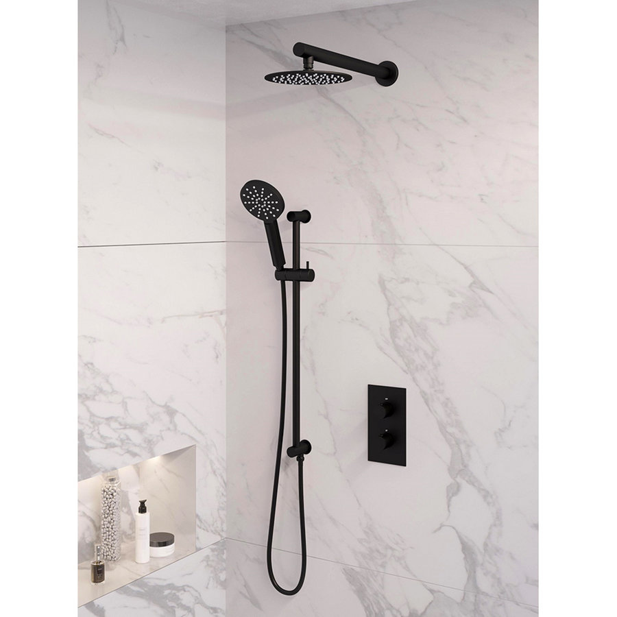 Inbouw Regendouche Set Brauer Black Edition Wanduitloop Ronde Hoofddouche 20 cm Met Glijstang en Handdouche 3 Standen Mat Zwart