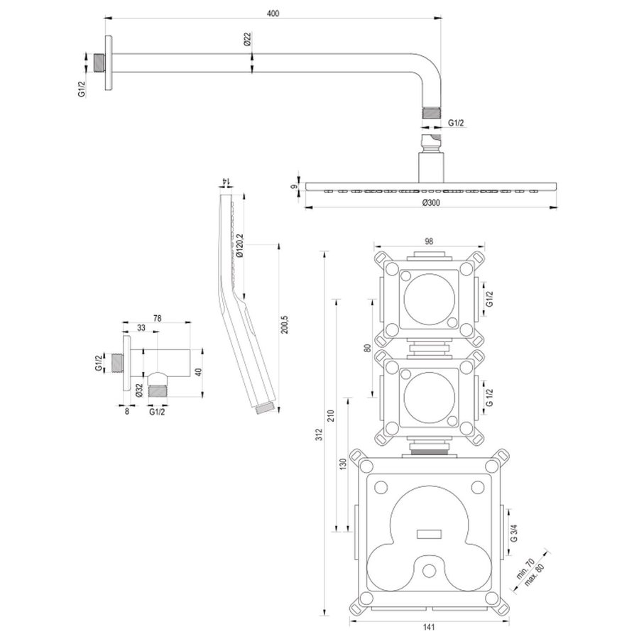 Inbouw Regendouche Set Brauer Black Edition Gebogen Wanduitloop Ronde Hoofddouche 30 cm Met Twee Stopkranen en Handdouche 3 Standen Mat Zwart