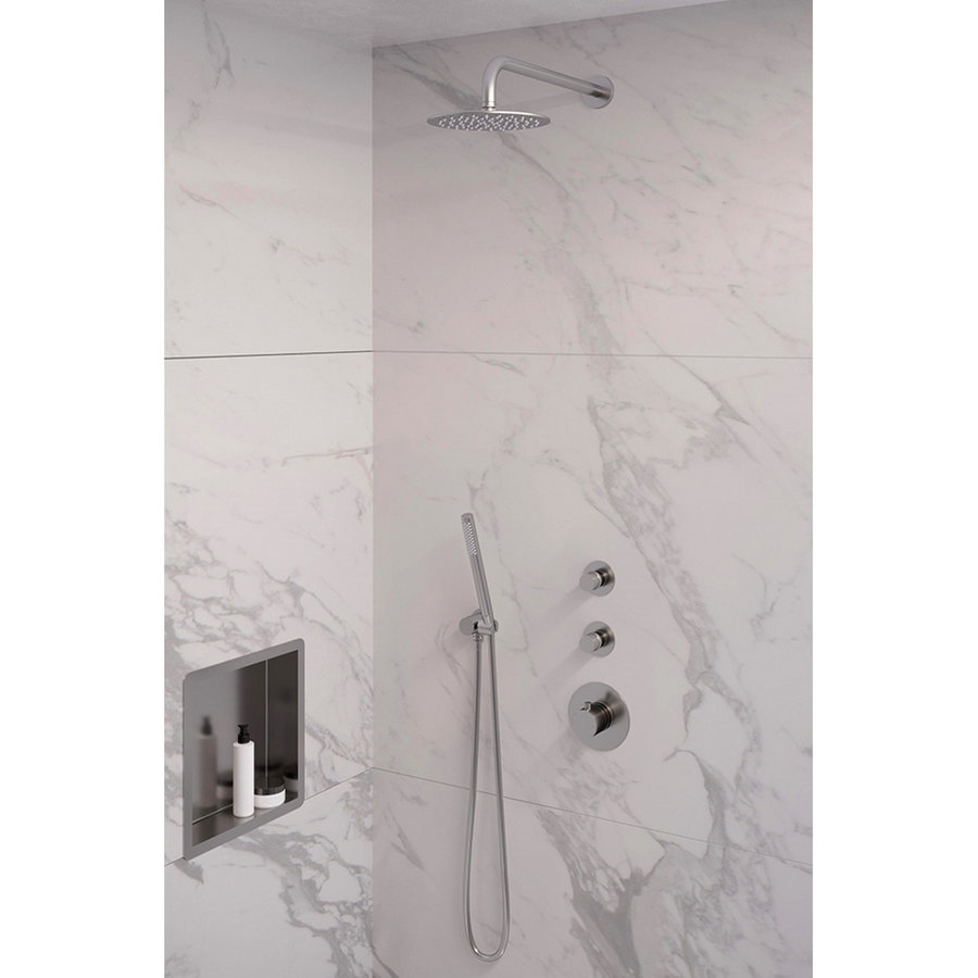 Inbouw Regendouche Set Brauer Brushed Edition Gebogen Wanduitloop Ronde Hoofddouche 20 cm Met Twee Stopkranen RVS Look