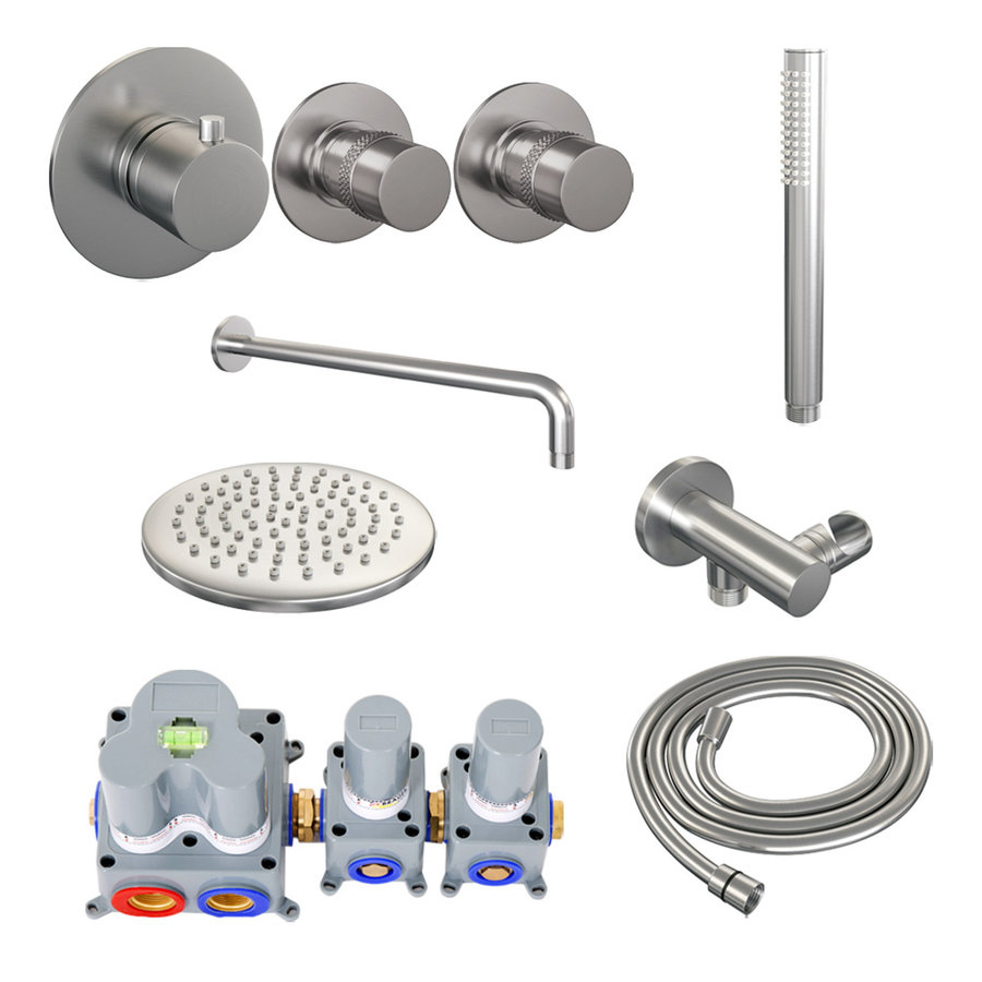 Inbouw Regendouche Set Brauer Brushed Edition Gebogen Wanduitloop Ronde Hoofddouche 20 cm Met Twee Stopkranen RVS Look