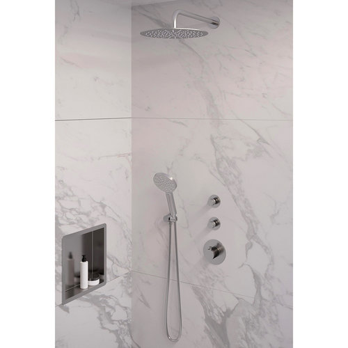 Inbouw Regendouche Set Brauer Brushed Edition Gebogen Wanduitloop Ronde Hoofddouche 30 cm Met Twee Stopkranen en Handdouche 3 Standen RVS Look 