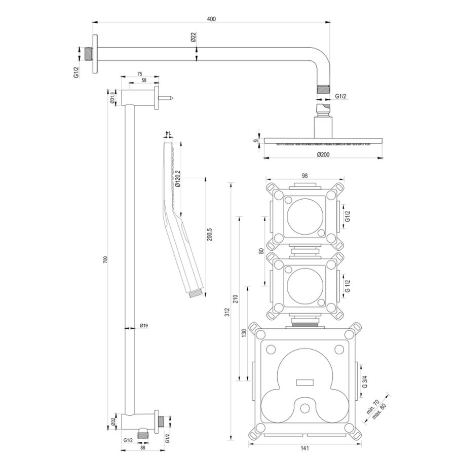 Inbouw Regendouche Set Brauer Brushed Edition Gebogen Wanduitloop Ronde Hoofddouche 20 cm Met Twee Stopkranen Glijstang en Handdouche 3 Standen RVS Look