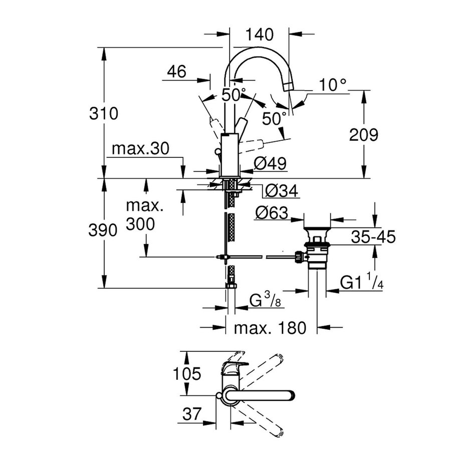 Wastafelkraan Grohe Start Flow 1-gats L-size 28 mm Cartouche met Waste Chroom