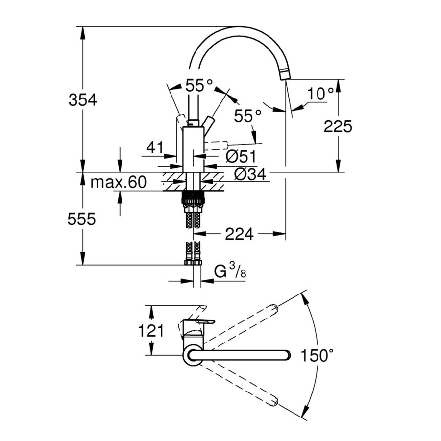 Keukenkraan Grohe Feel Mengkraan 1-Gats Met Instelbare Hoge Uitloop Chroom