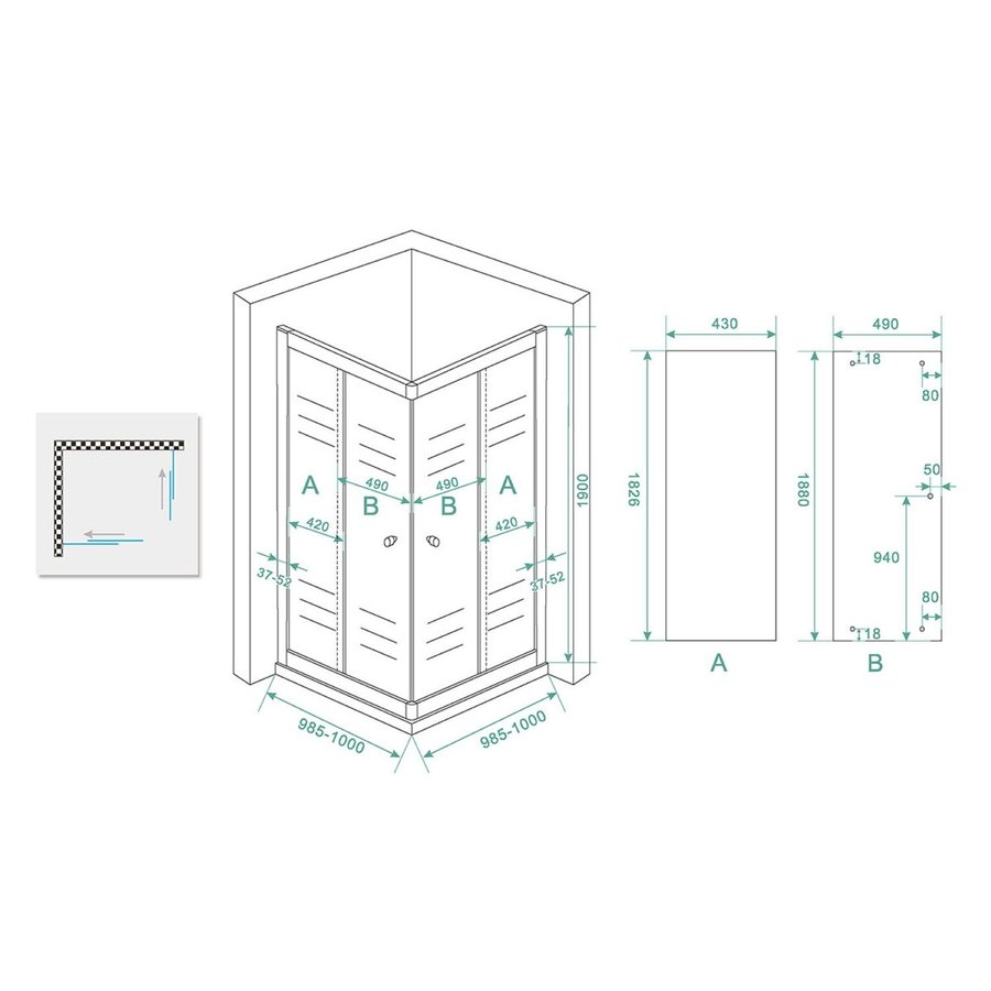 Douchecabine Aqua Splash Hoekinstap 100x100x190 cm 5 mm Helder Glas Chroom