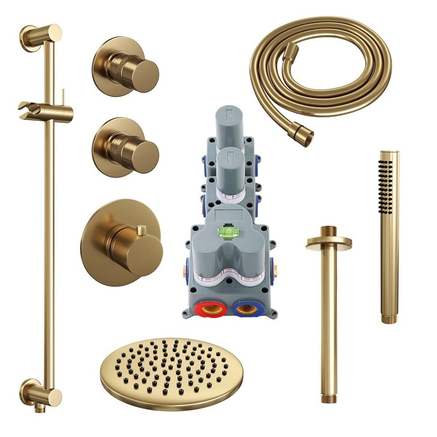 Regendoucheset Inbouw Brauer Gold Edition Thermostatisch 20cm met Plafondarm, Glijstang en Handdouche Staaf Losse Stopkranen Geborsteld Goud