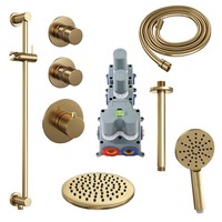 Regendoucheset Inbouw Brauer Gold Edition Thermostatisch 20cm met Plafondarm, Glijstang en Handdouche 3-Standen Losse Stopkranen Geborsteld Goud