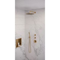 Regendoucheset Inbouw Brauer Gold Edition Thermostatisch 30cm met Gebogen Wandarm en Handdouche Staaf Losse Stopkranen Geborsteld Goud