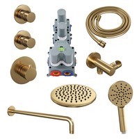Regendoucheset Inbouw Brauer Gold Edition Thermostatisch 20cm met Gebogen Wandarm en Handdouche 3-Standen Losse Stopkranen Geborsteld Goud