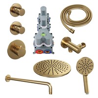 Regendoucheset Inbouw Brauer Gold Edition Thermostatisch 30cm met Gebogen Wandarm en Handdouche 3-Standen Losse Stopkranen Geborsteld Goud