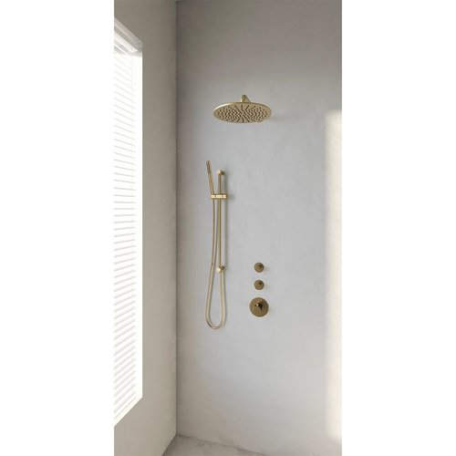 Regendoucheset Inbouw Brauer Gold Edition Thermostatisch 30cm met Gebogen Wandarm, Glijstang en Handdouche Staaf Losse Stopkranen Geborsteld Goud 