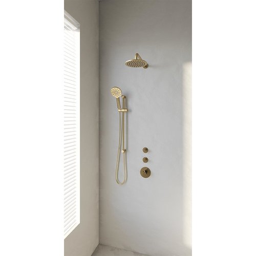 Regendoucheset Inbouw Brauer Gold Edition Thermostatisch 20cm met Gebogen Wandarm, Glijstang en Handdouche 3-Standen Losse Stopkranen Geborsteld Goud 