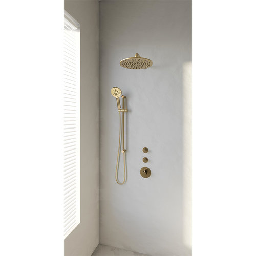 Regendoucheset Inbouw Brauer Gold Edition Thermostatisch 30cm met Gebogen Wandarm, Glijstang en Handdouche 3-Standen Losse Stopkranen Geborsteld Goud 