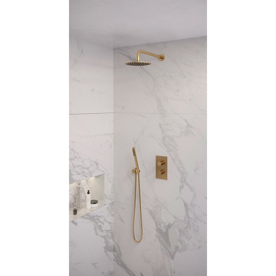 Regendoucheset Inbouw Brauer Gold Edition Thermostatisch 20cm met 3-Weg Omstelling, Gebogen Wandarm en Staaf Handdouche Geborsteld Goud
