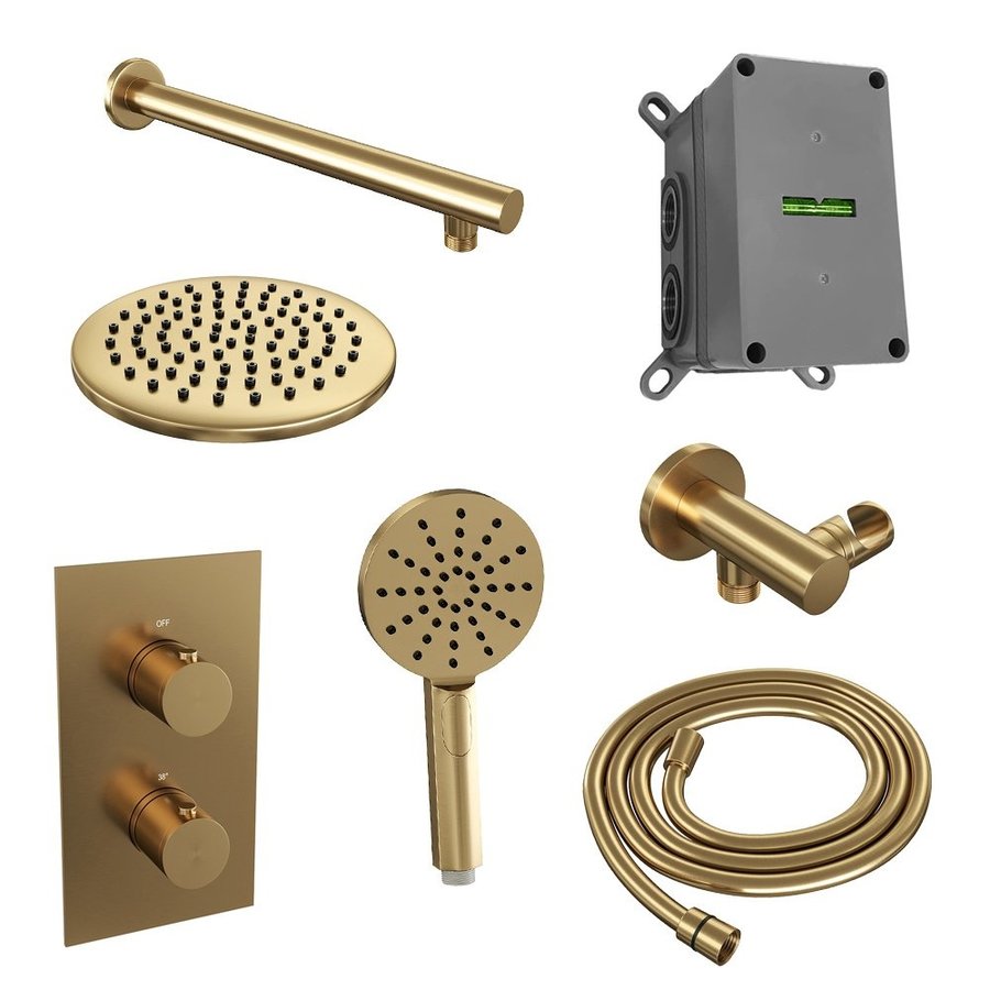 Regendoucheset Inbouw Brauer Gold Edition Thermostatisch 20cm met 3-Weg Omstelling, Wandarm en 3-Standen Handdouche Geborsteld Goud
