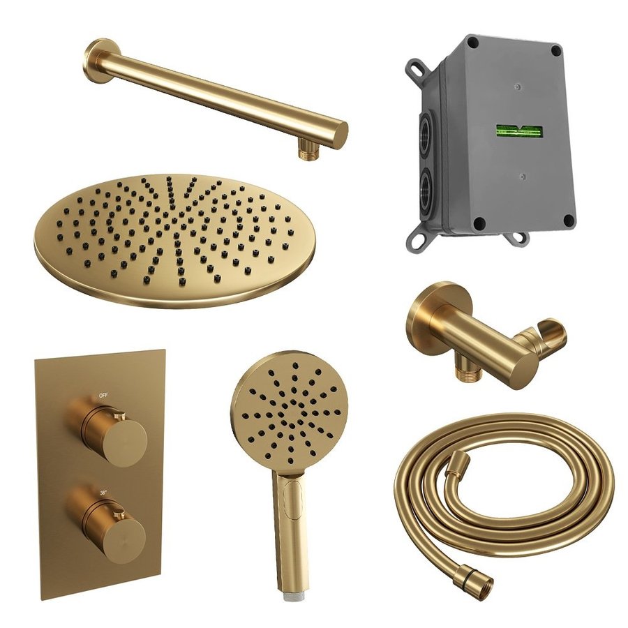 Regendoucheset Inbouw Brauer Gold Edition Thermostatisch 30cm met 3-Weg Omstelling, Wandarm en 3-Standen Handdouche Geborsteld Goud