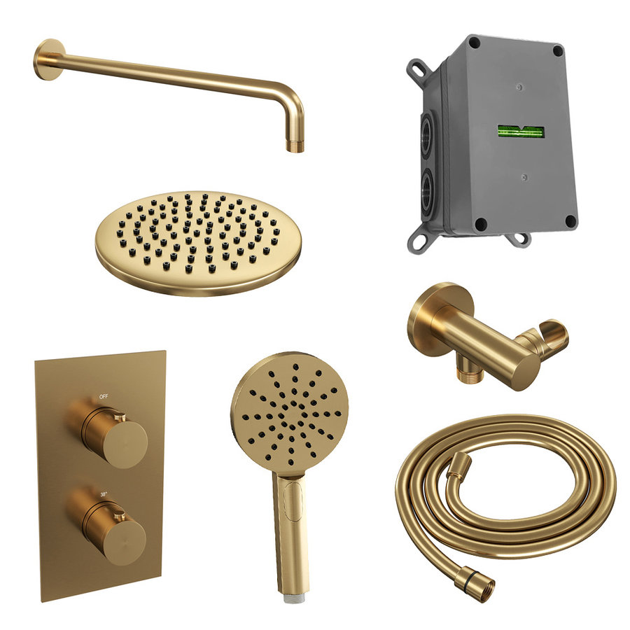 Regendoucheset Inbouw Brauer Gold Edition Thermostatisch 20cm met 3-Weg Omstelling, Gebogen Wandarm en 3-Standen Handdouche Geborsteld Goud