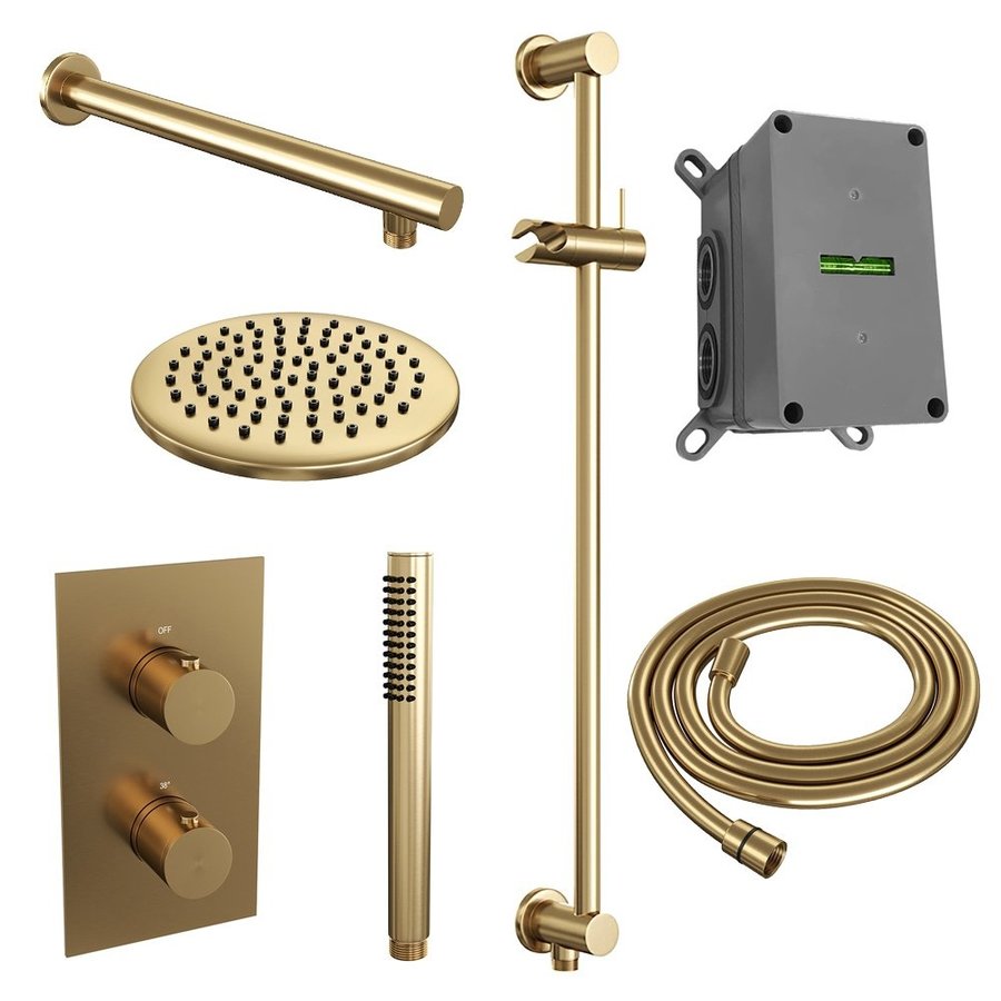 Regendoucheset Inbouw Brauer Gold Edition Thermostatisch 20cm met 3-Weg Omstelling, Wandarm, Glijstang en Staaf Handdouche Geborsteld Goud