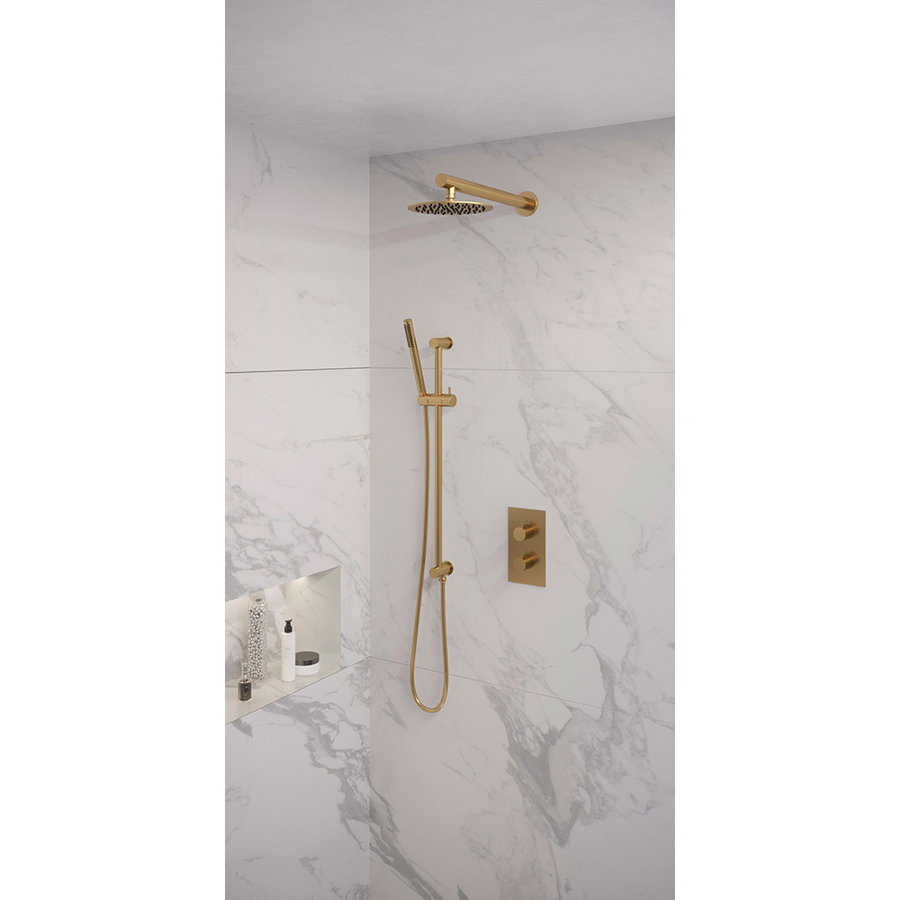 Regendoucheset Inbouw Brauer Gold Edition Thermostatisch 30cm met 3-Weg Omstelling, Wandarm, Glijstang en Staaf Handdouche Geborsteld Goud