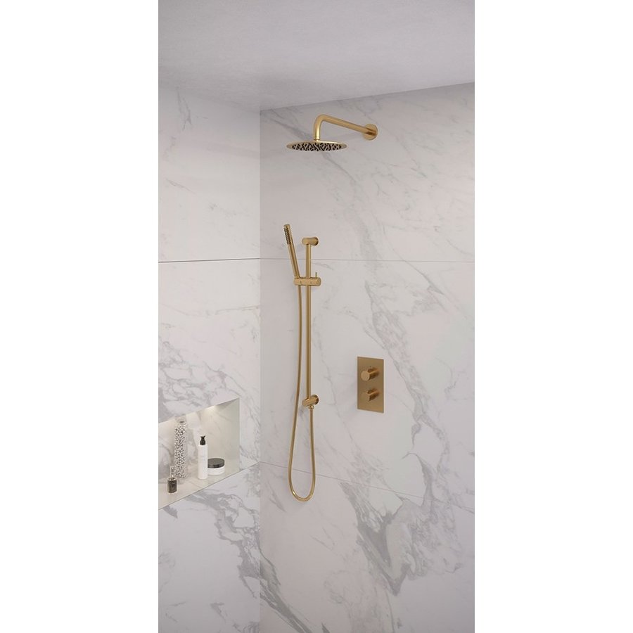 Regendoucheset Inbouw Brauer Gold Edition Thermostatisch 20cm met 3-Weg Omstelling, Gebogen Wandarm, Glijstang en Staaf Handdouche Geborsteld Goud
