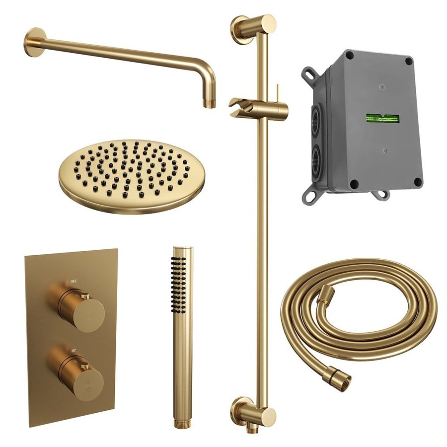 Regendoucheset Inbouw Brauer Gold Edition Thermostatisch 20cm met 3-Weg Omstelling, Gebogen Wandarm, Glijstang en Staaf Handdouche Geborsteld Goud