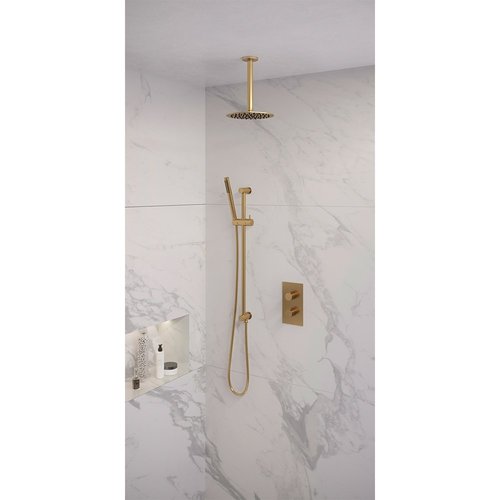 Regendoucheset Inbouw Brauer Gold Edition Thermostatisch 20cm met 3-Weg Omstelling, Plafondarm, Glijstang en Staaf Handdouche Geborsteld Goud 