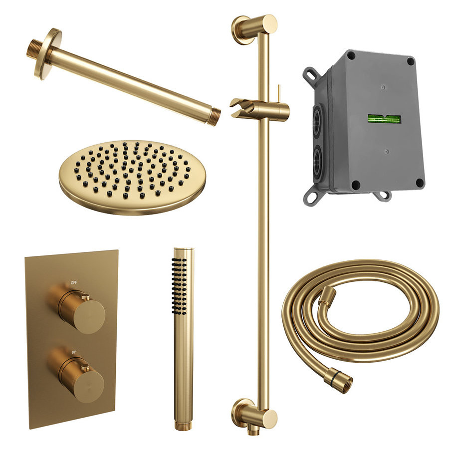 Regendoucheset Inbouw Brauer Gold Edition Thermostatisch 20cm met 3-Weg Omstelling, Plafondarm, Glijstang en Staaf Handdouche Geborsteld Goud